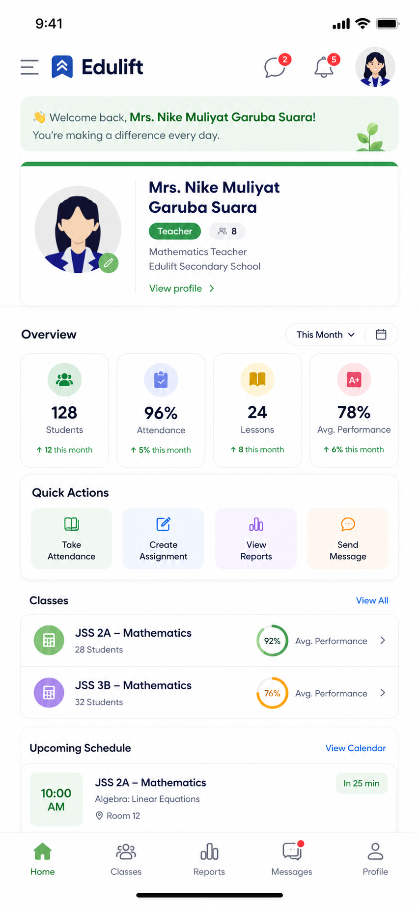 EduLift mobile app teacher dashboard